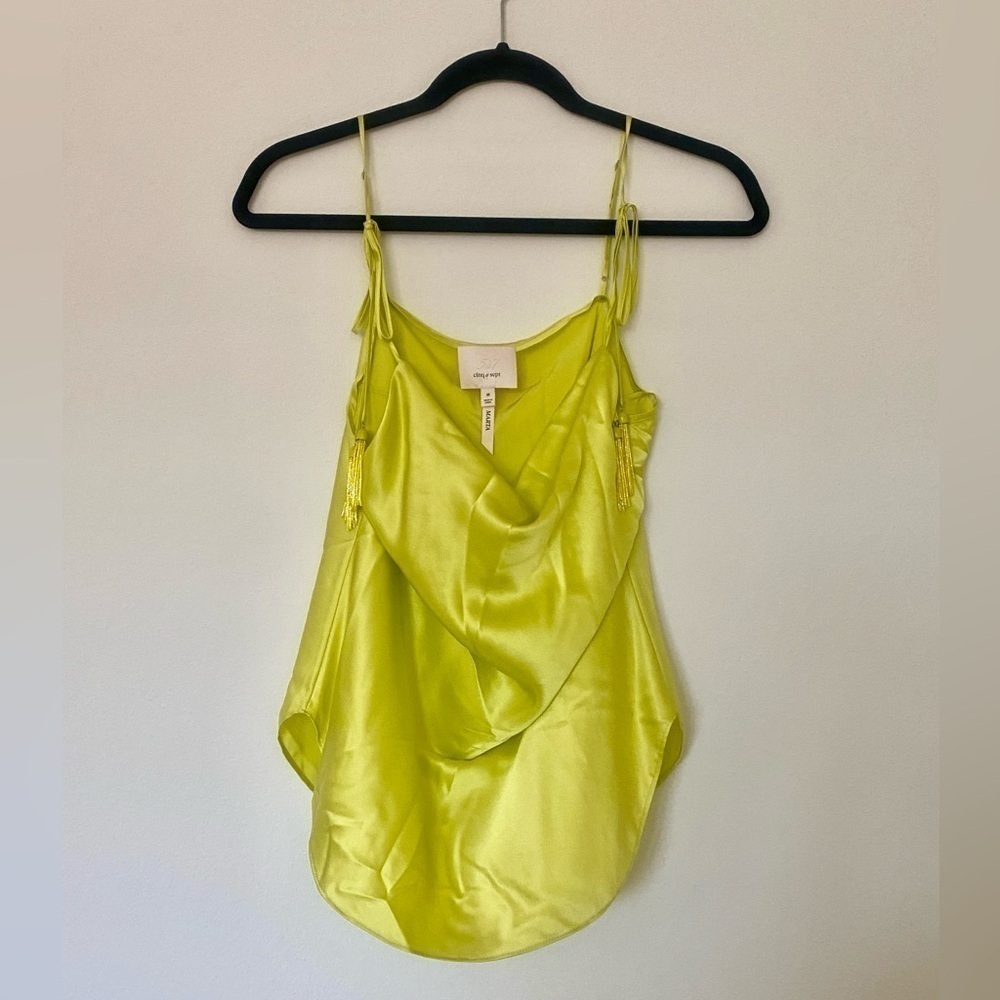 Cinq a Sept Marta Beaded Tassel Cowl Neck Silk Cami Top Key Lime Y2K Style - Picture 3 of 14